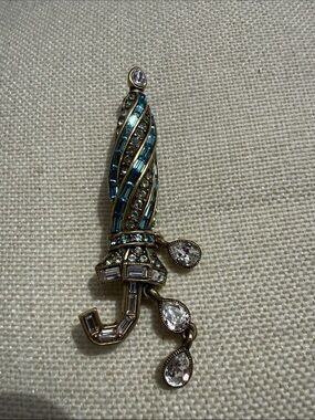 Heidi Daus Teal and Clear Crystal Umbrella Brooch